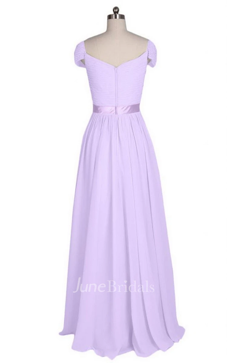 Short-sleeved Long Chiffon Dress With Pleats and Sash