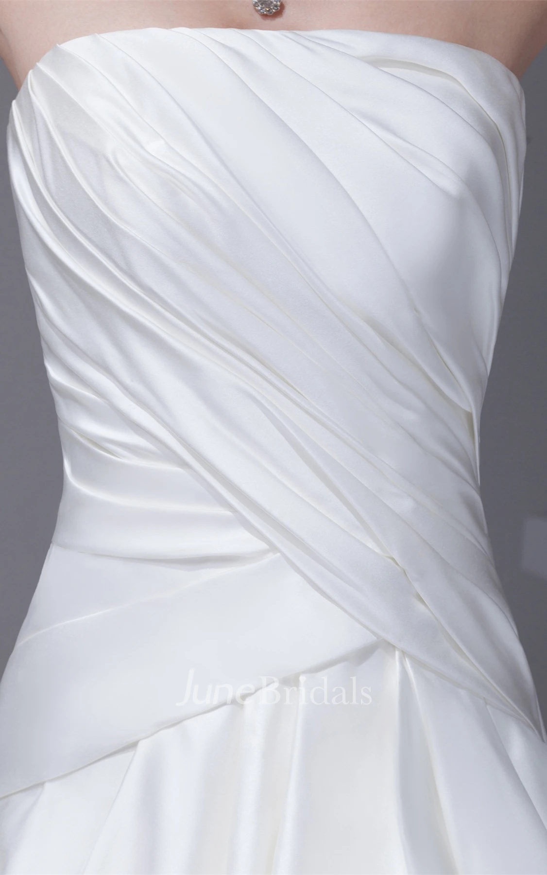 Ruched Criss-Cross Strapless Bodice Gown with Ruffles and Embellishment