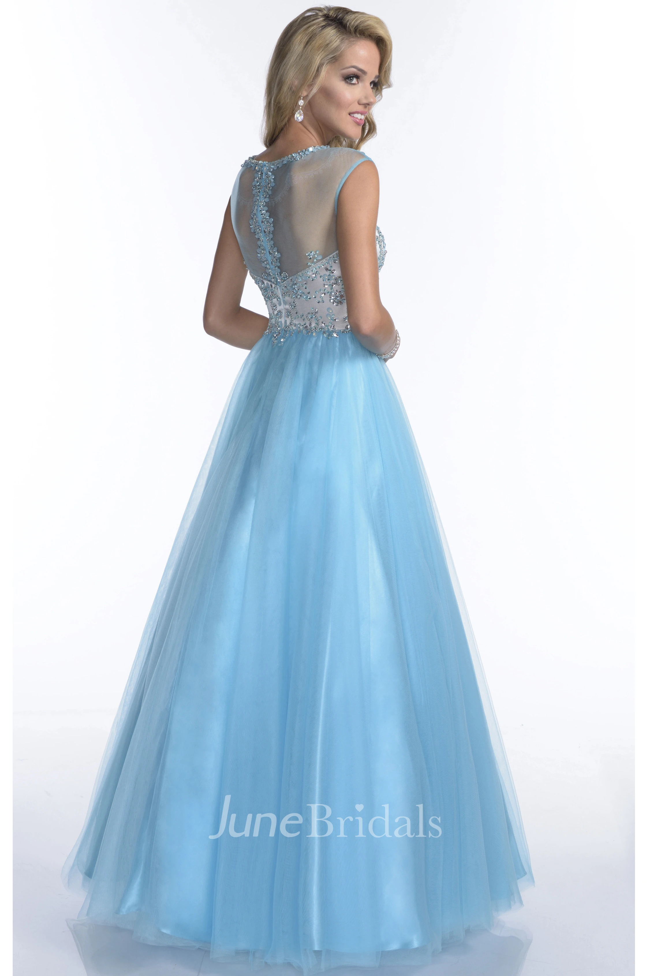 Tulle Formal Cap-Sleeve Rhinestone-Bodice Illusion A-Line Back Dress