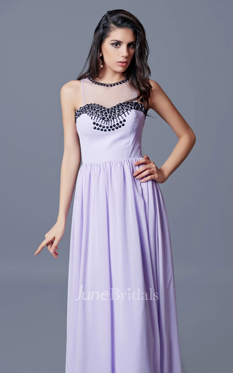 Sleeveless Pleated Long Chiffon A-line Dress With Key-hole