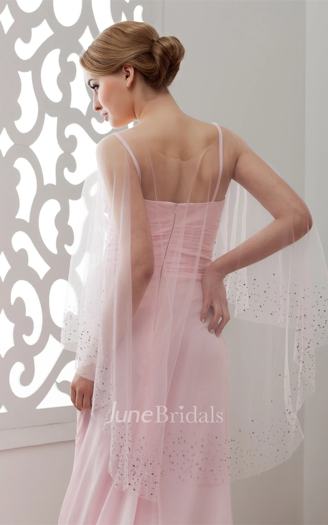 Spaghetti-Strap Chiffon Long Dress with Pleats and Sweep Train