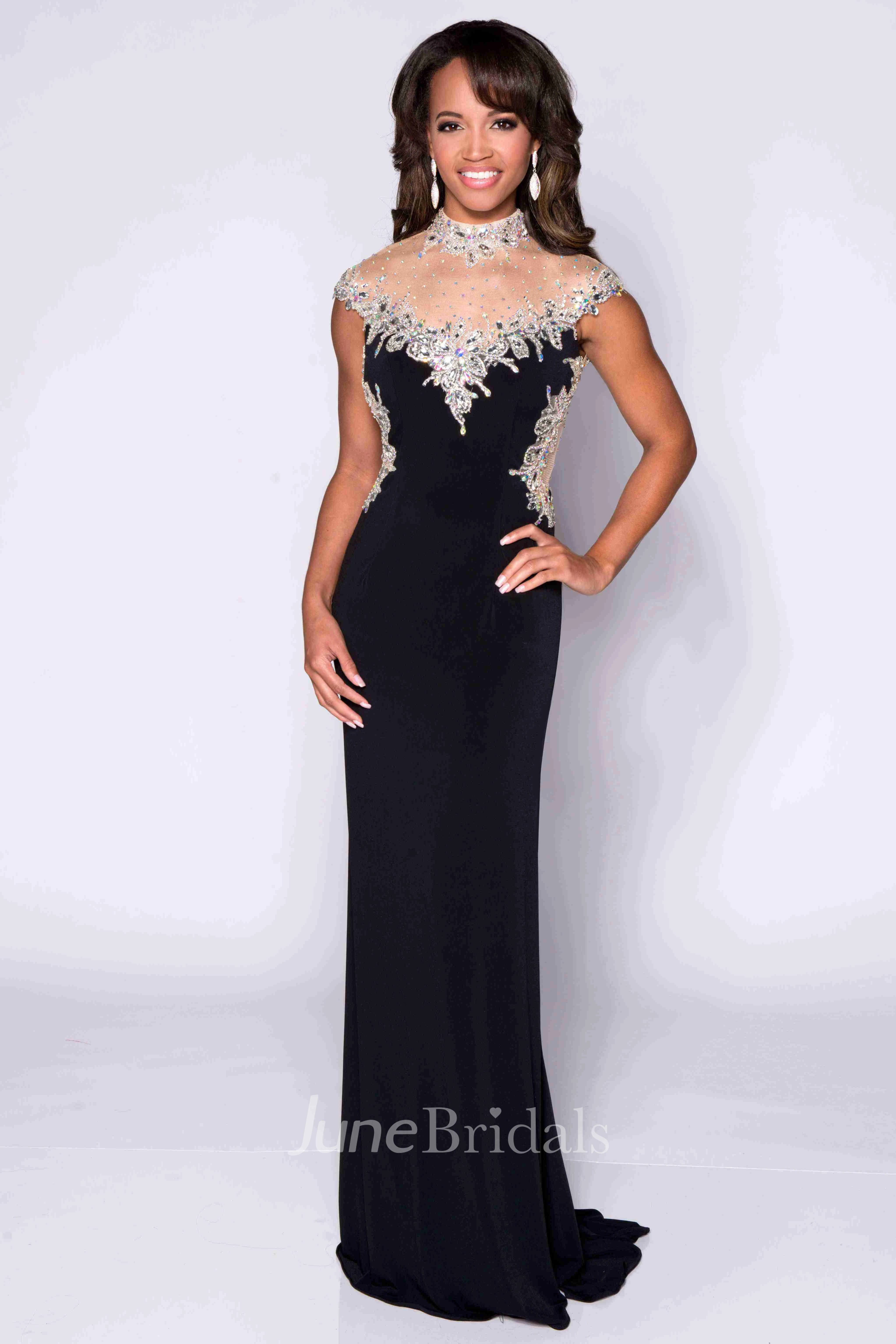 High Neck Cap Sleeve Keyhole Back Jersey Prom Dress With Shining Top