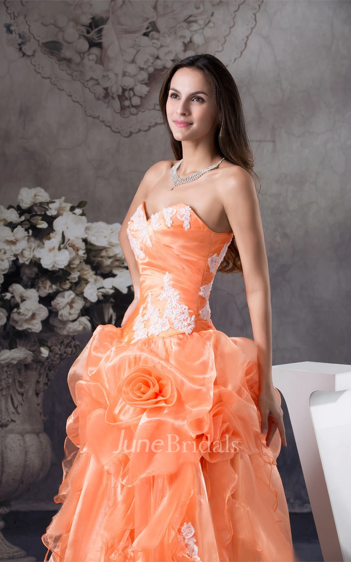 Sweetheart Ruffled Ball Gown with Flower and Appliques