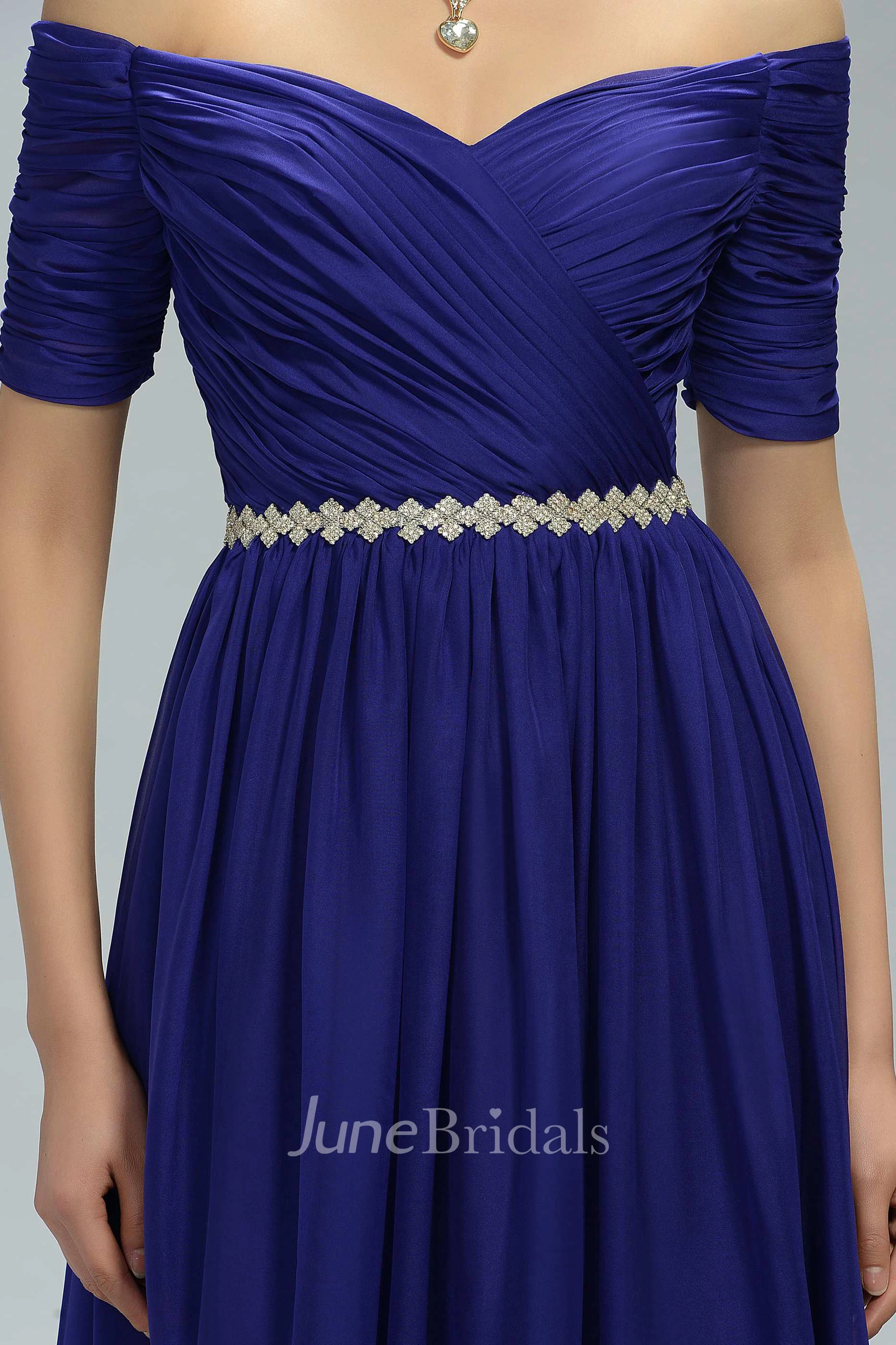 Off The Shoulder V Neck A-line Long Chiffon Dress With Belt