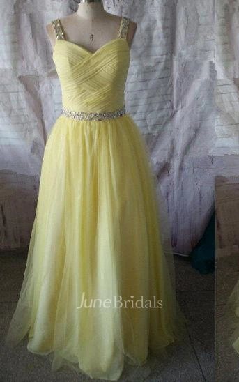 Floor-length A-line Criss Cross Tulle Dress With Beaded Waistline