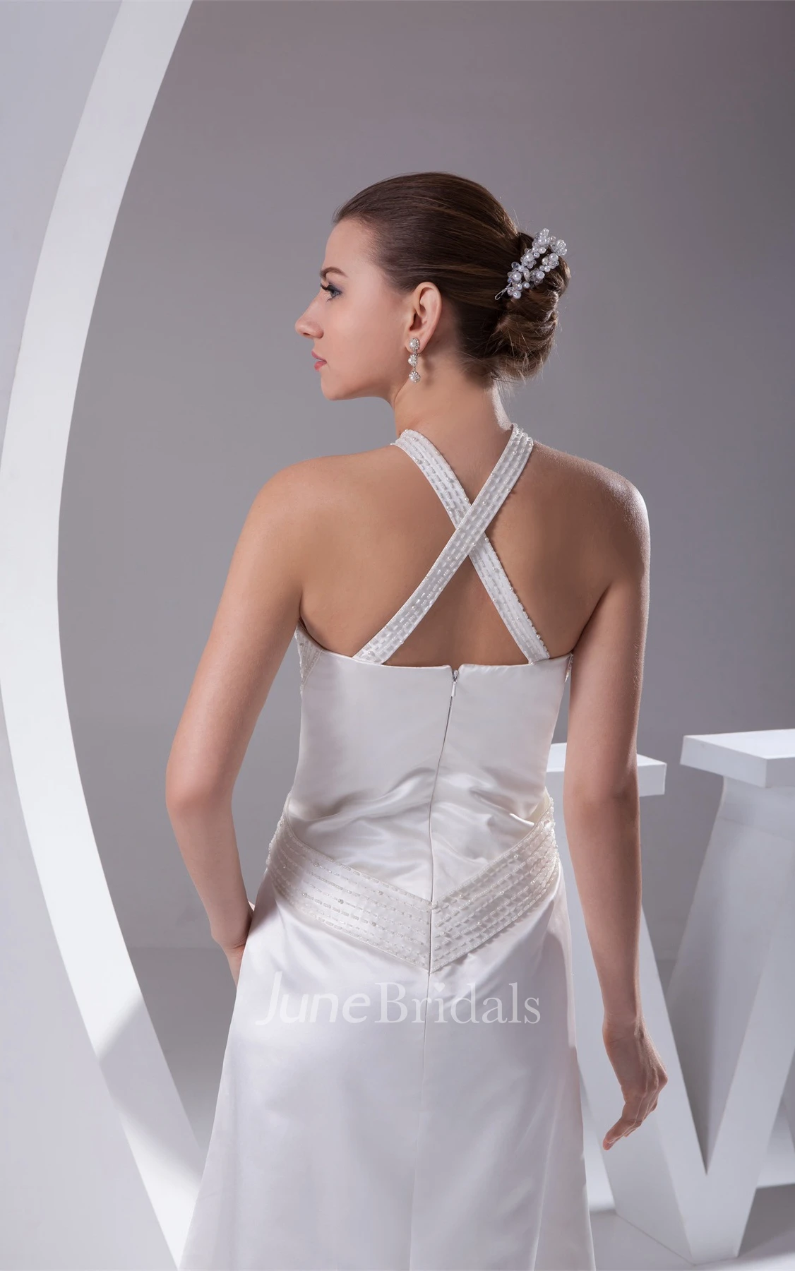 Sleeveless Satin A-Line Beaded Dress with Halter and Keyhole