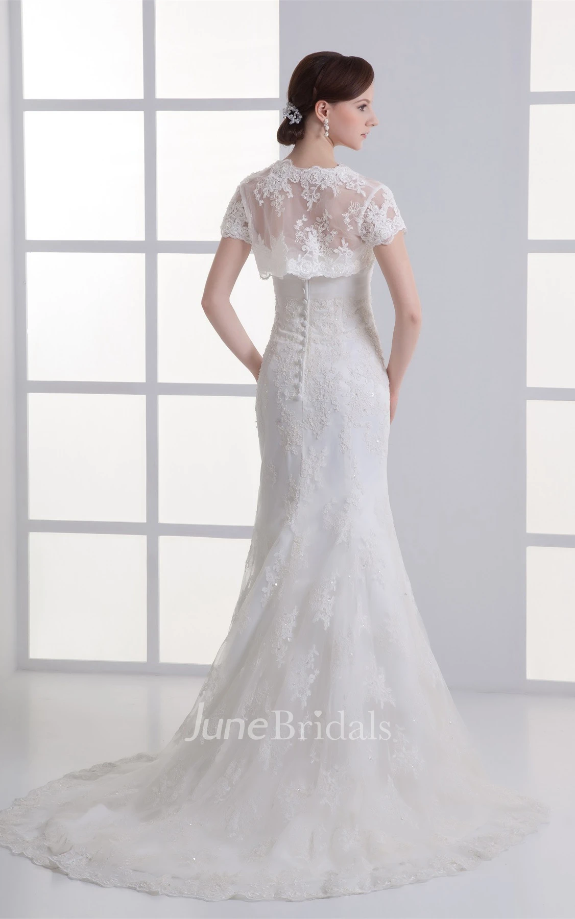 strapless lace mermaid gown with bolero and court train