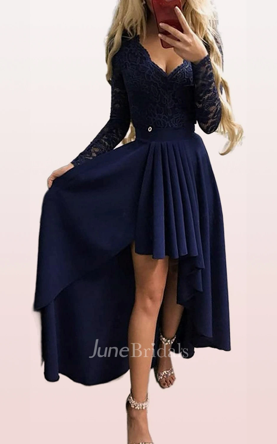 Casual Sexy A Line V-neck or Bateau Long Sleeve Evening Formal Dress with Ruffles