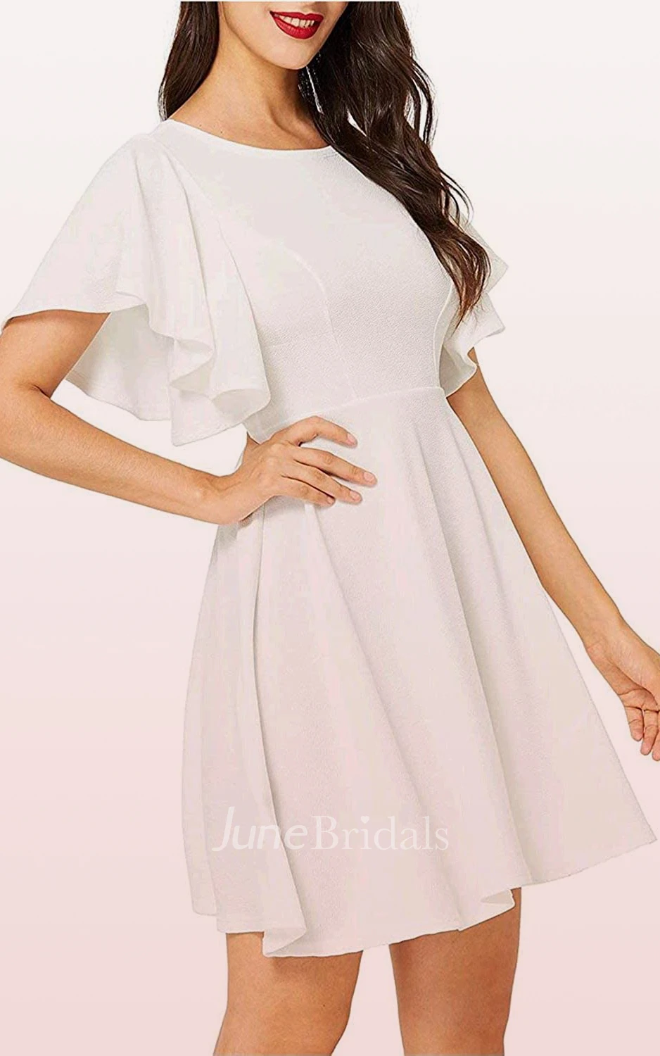 Elegant A Line Bateau Short Sleeve Knee-length Prom Cocktail Dress with Pleats