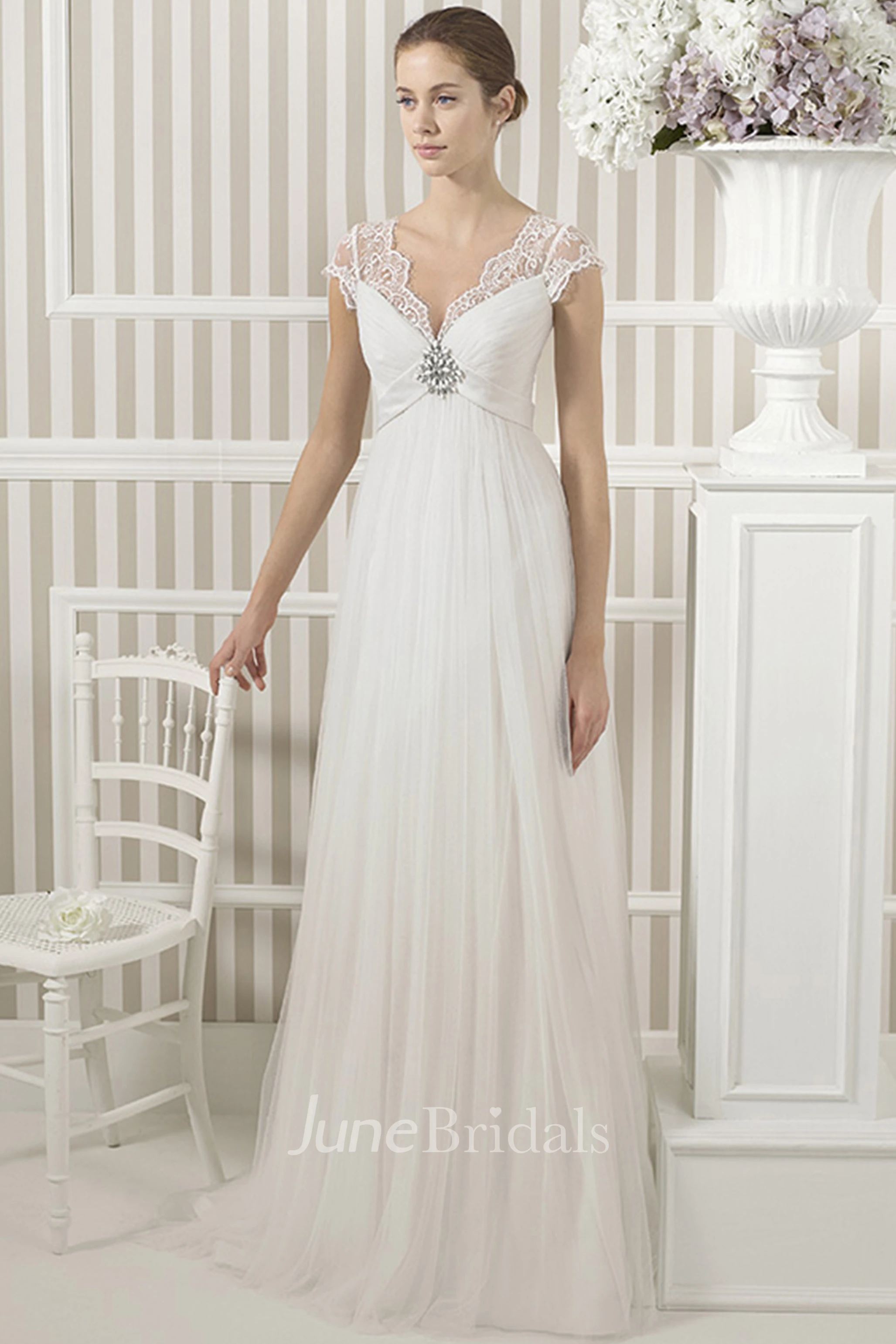 V-Neck Cap Sleeve Appliqued Empire Tulle Wedding Dress