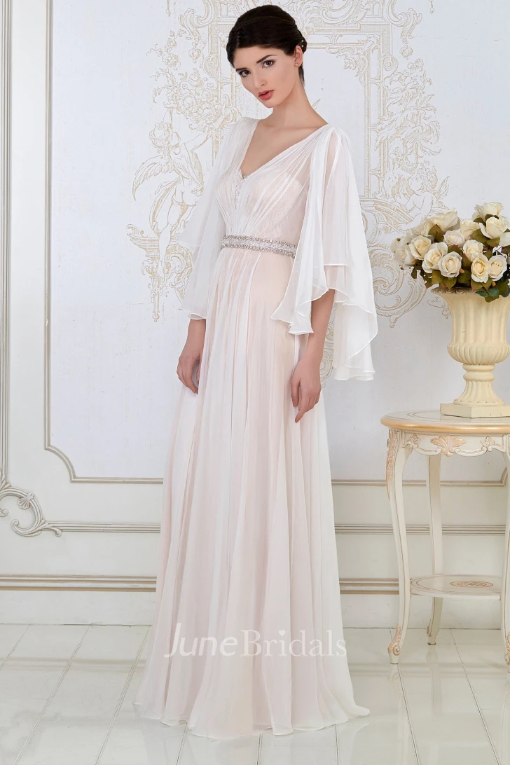 A-Line Poet-Sleeve Beaded V-Neck Floor-Length Tulle Evening Dress With Ruching