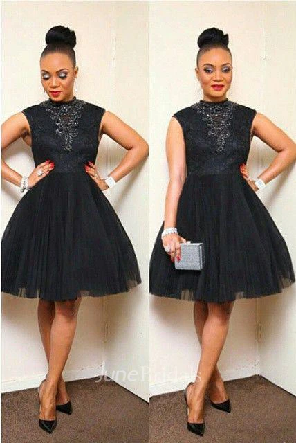 Sexy Black Short Tulle Prom Dress Appliques High Neck