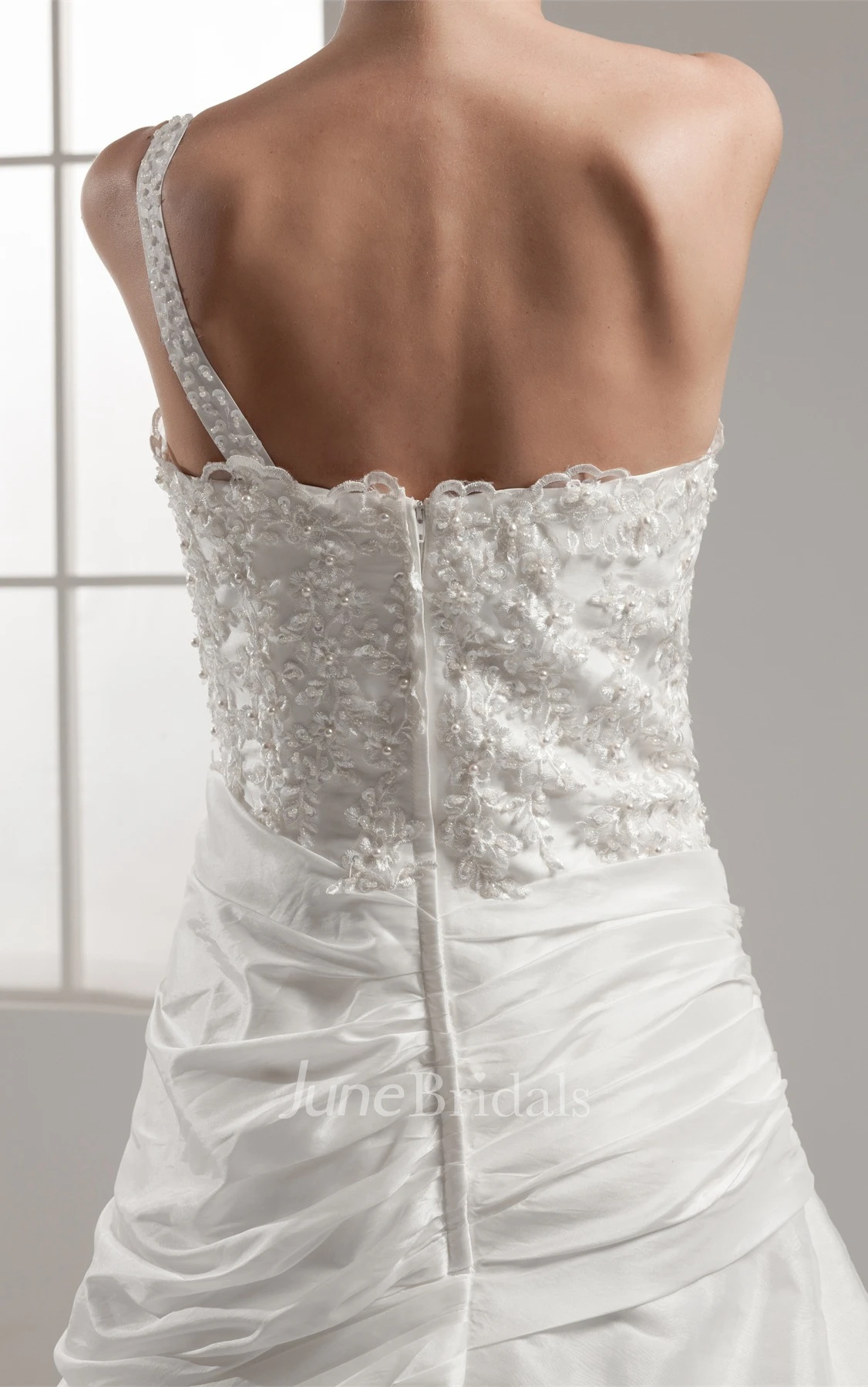 Sleeveless Lace A-Line Gown with Draping and Single Strap