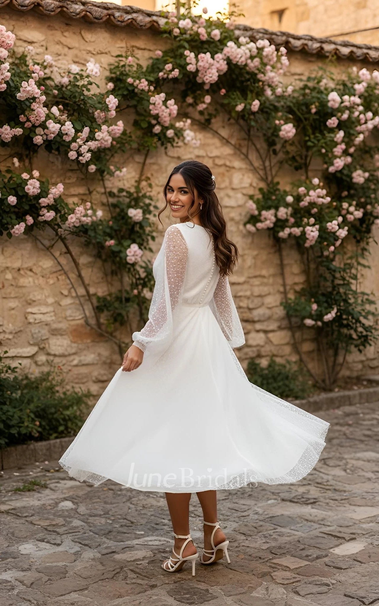 Tea-length A-Line V-neck Vintage Simple Petite Adorable Long Sleeve Warm Wedding Dress with Button Back Sash