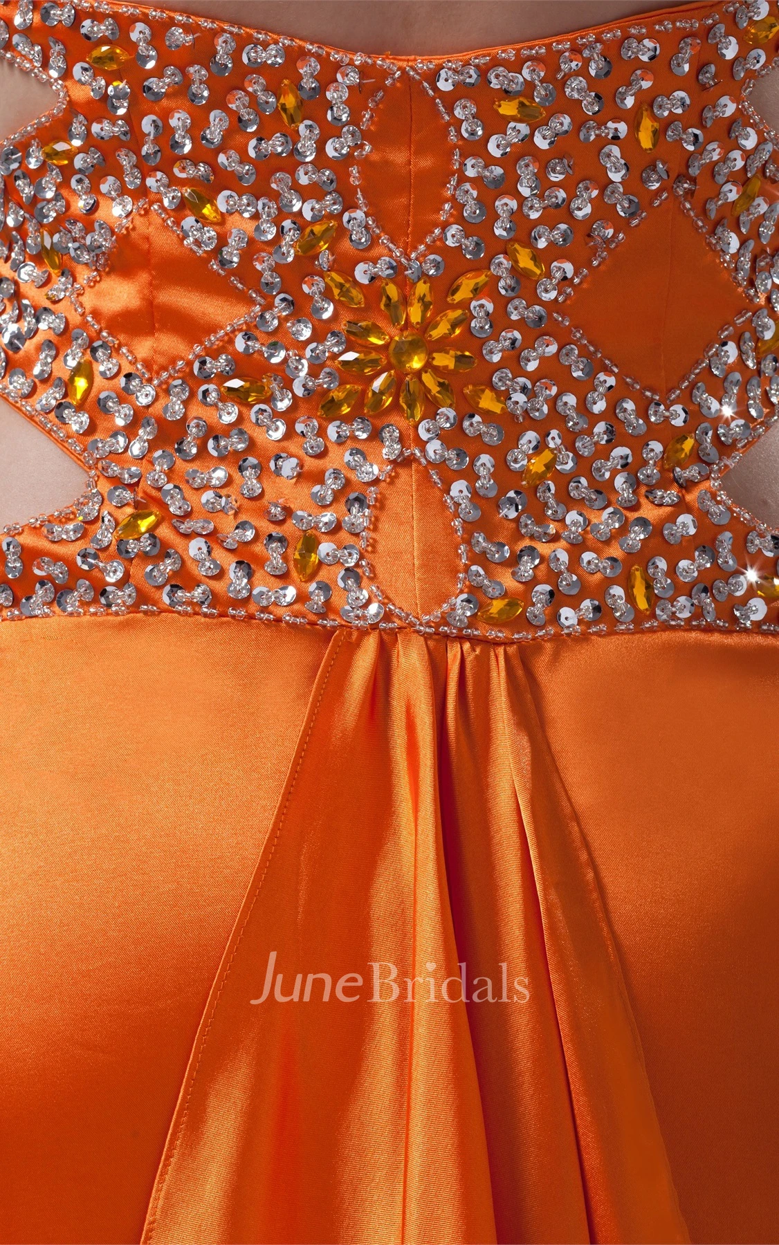 Satin Front-Split Ruched Dress with Rhinestone and Halter