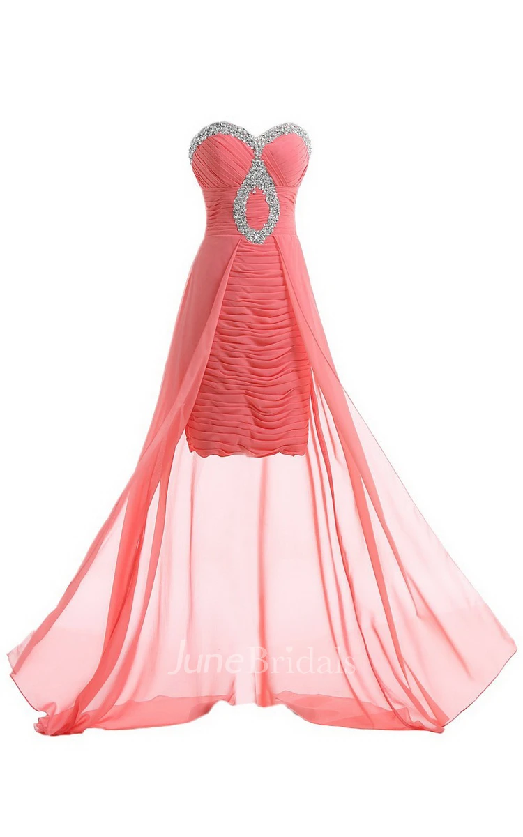 Sweetheart Long Chiffon Dress With Ruching and Sequins
