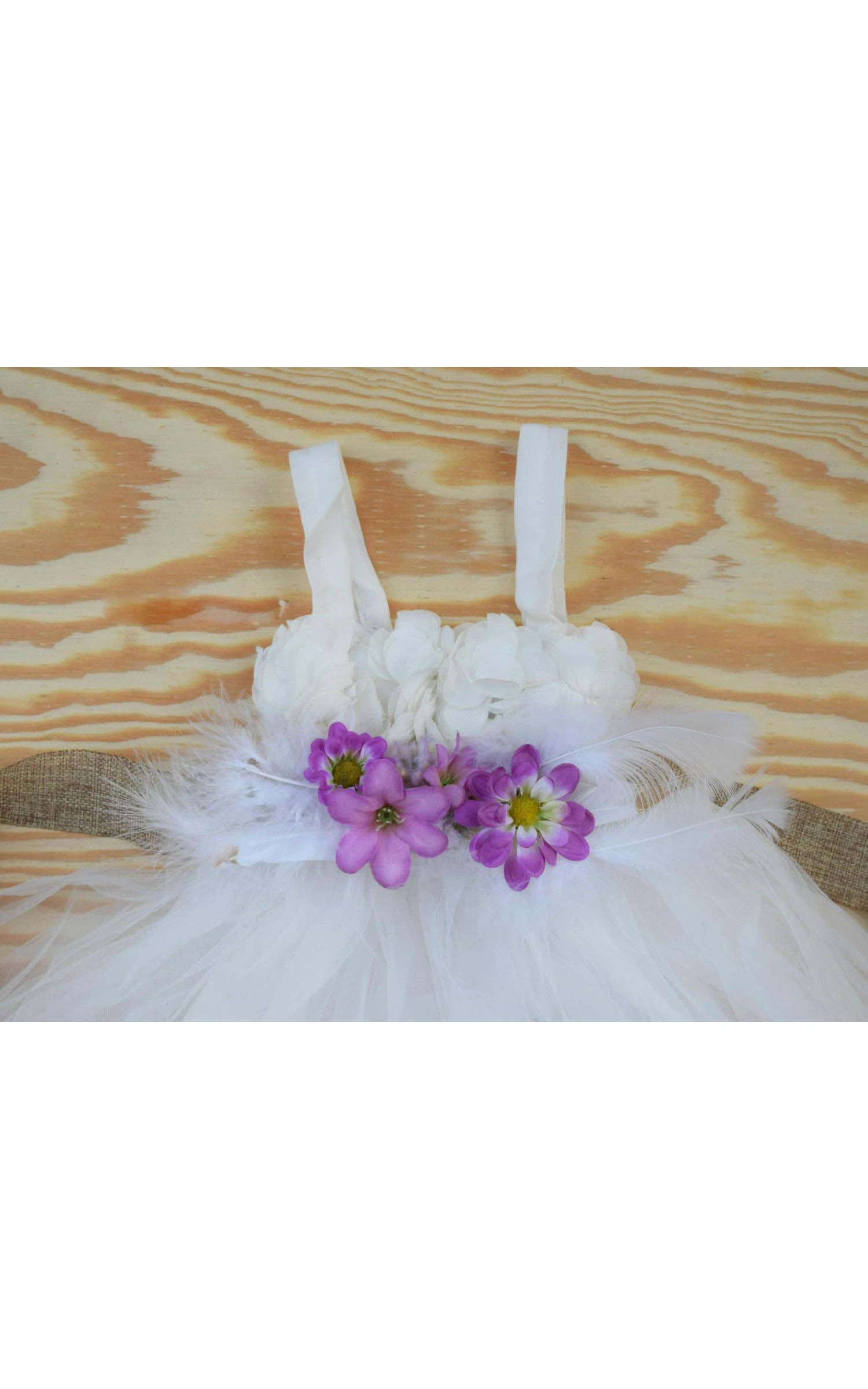 White Feathers and Flowers Tulle Baby Girl Dress With Pleated