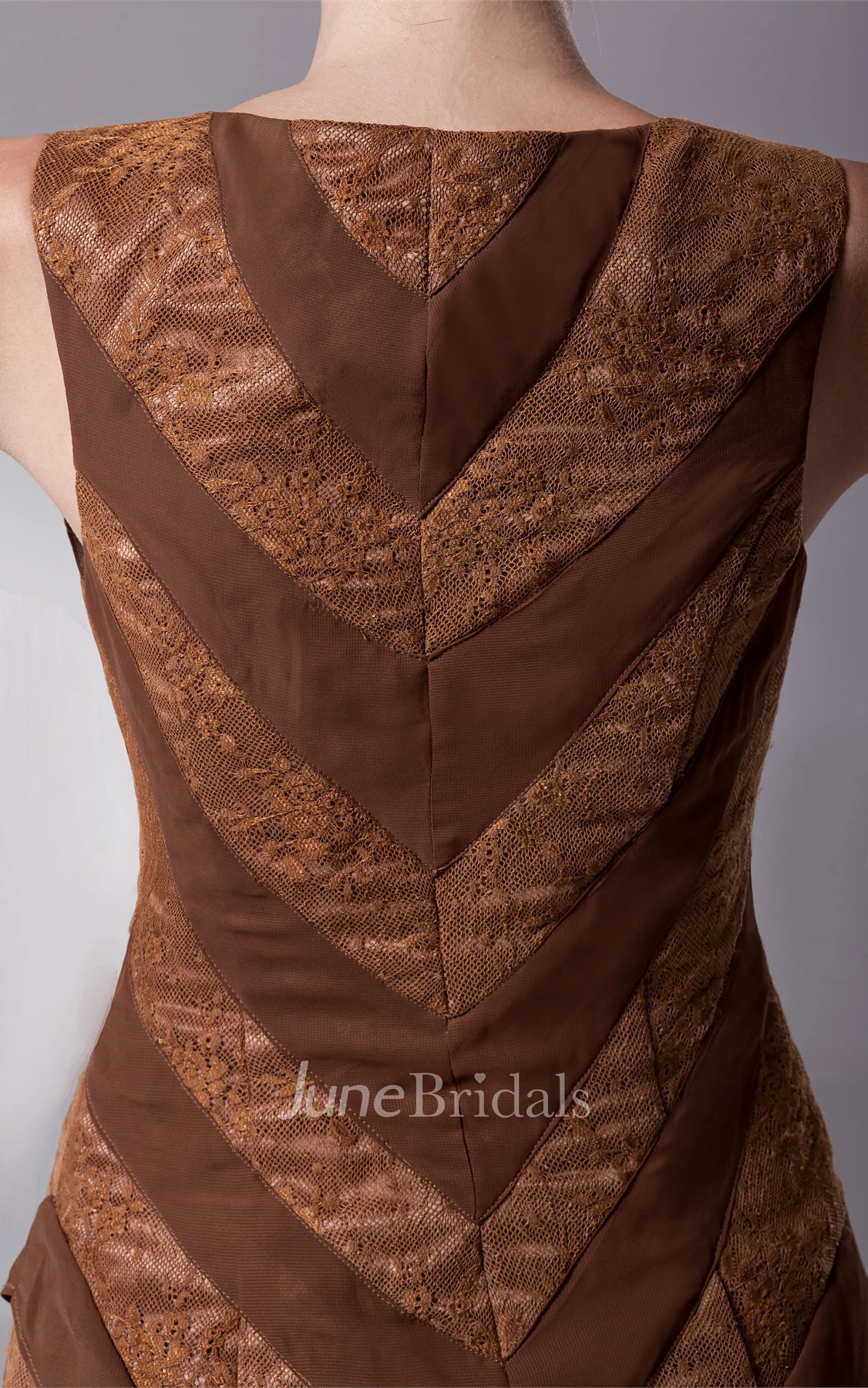 Bateau Sleeveless Tiered Chiffon Sheath Gown with Lace Embroidery