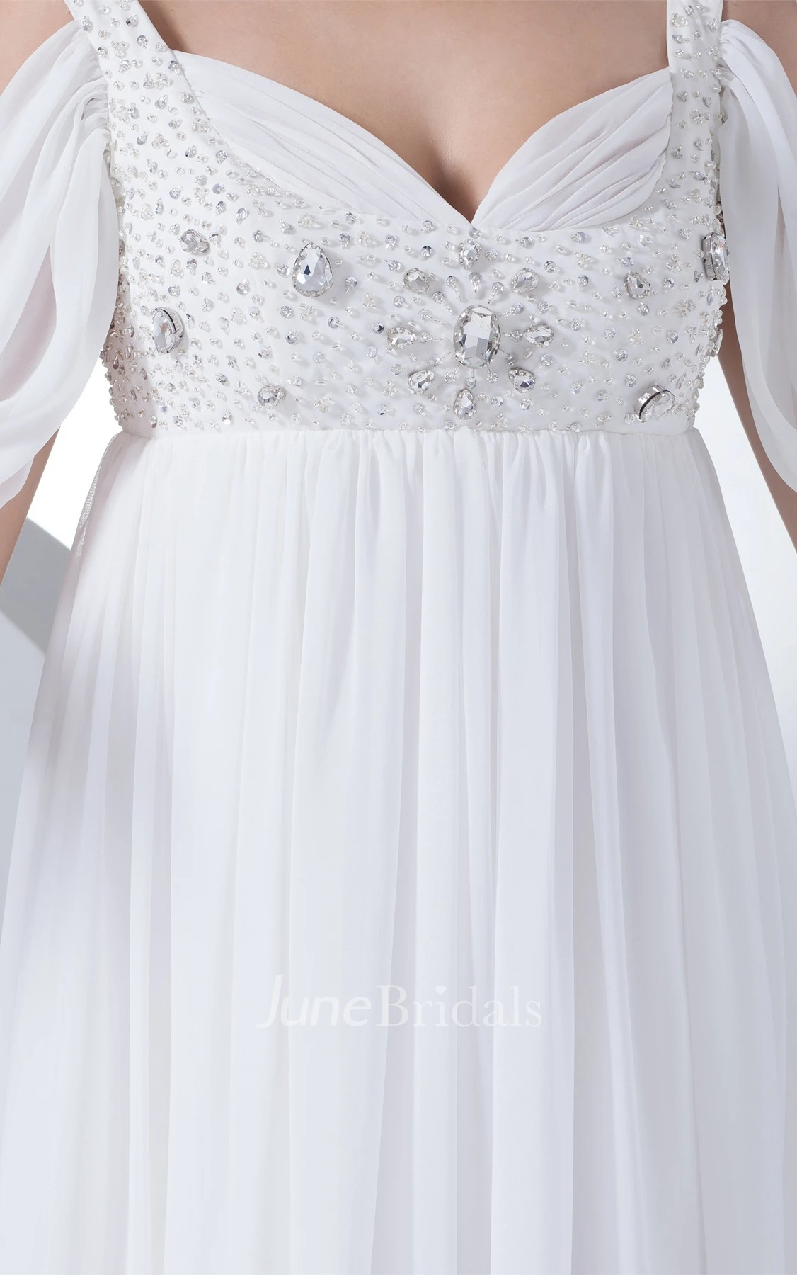 Strapped Plunged Empire Dress with Rhinestone and Pleats