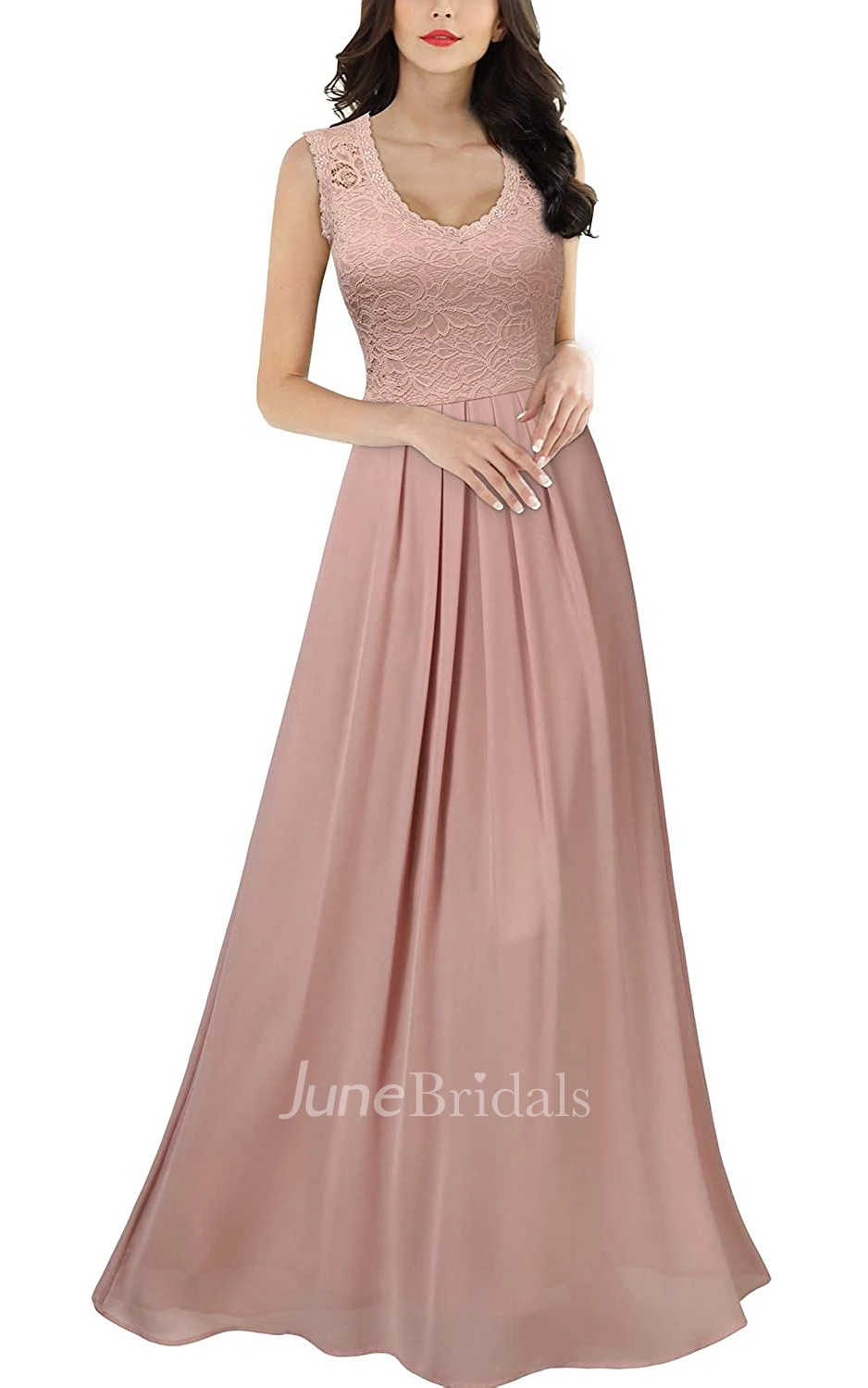 A Line Scalloped Chiffon Lace Sleeveless Evening Dress With Ruffles