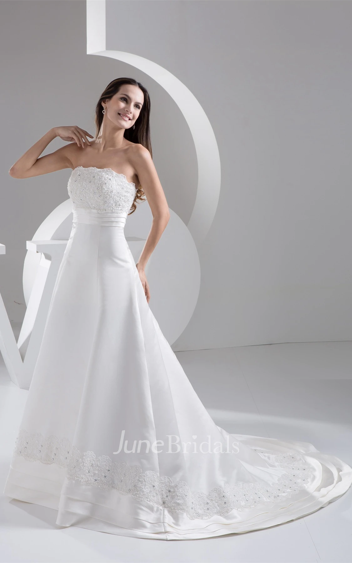 Strapless A-Line Gown with Lace and Ruching