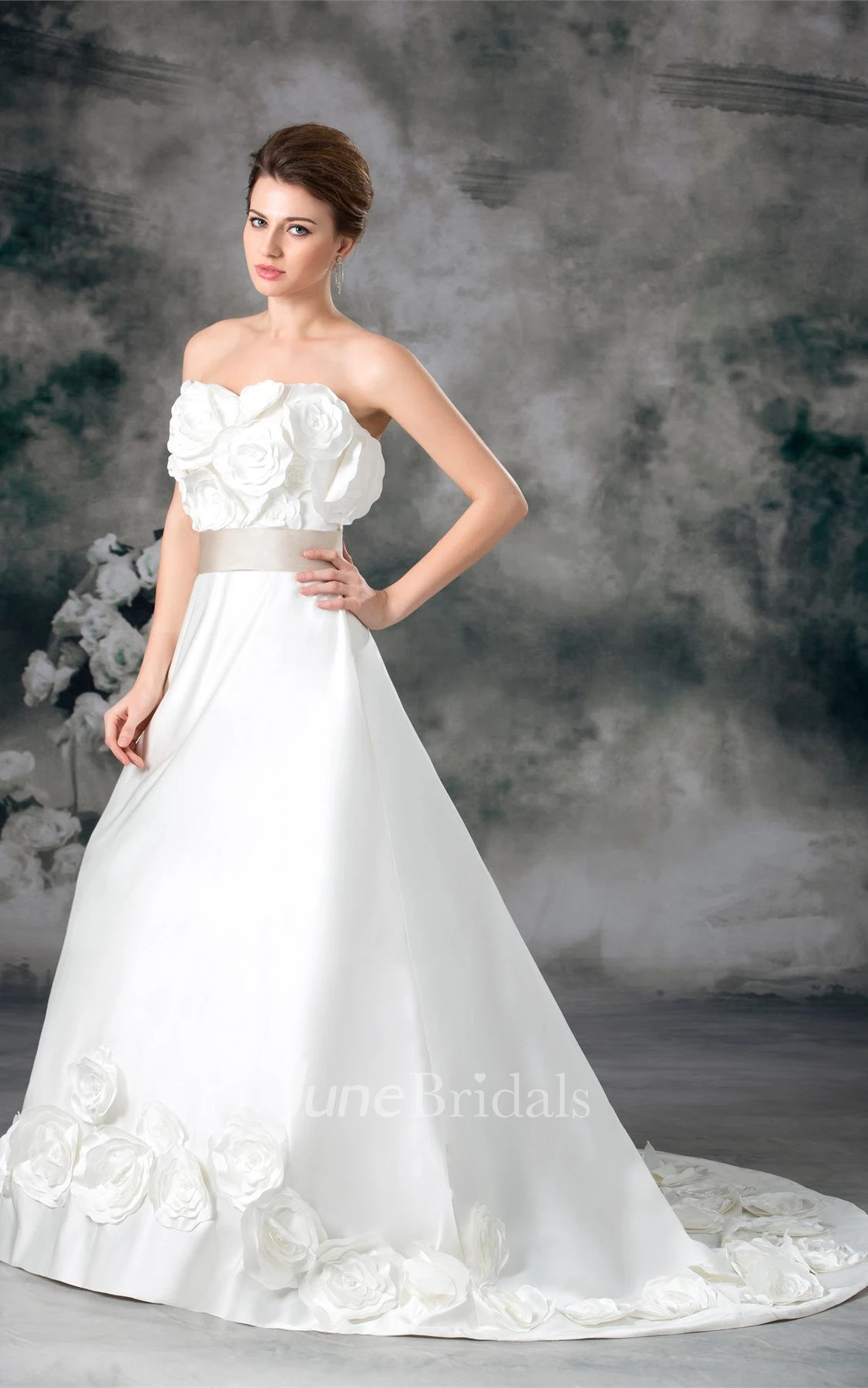 strapless a-line satin dress with floral embellishment