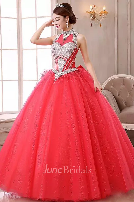 Ball Gown High Neck Sleeveless Floor-length Organza Tulle Prom Dress with Beading and Ruffles
