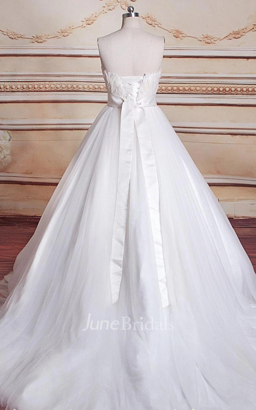 A-Line Strapped Tulle Lace Satin Dress With Beading Lace-Up Back