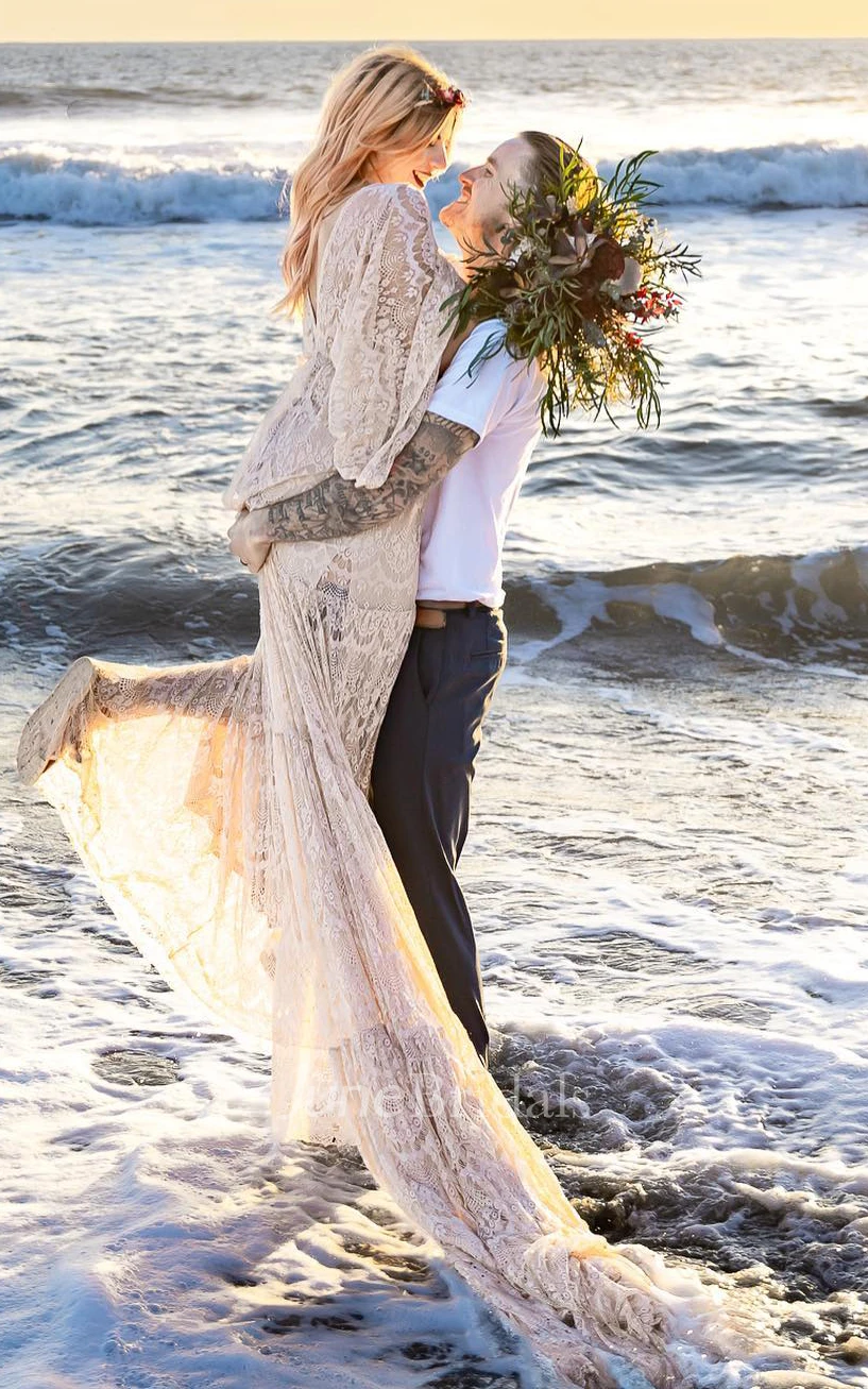 Simple Sexy Beach Long Sleeves Boho Lace Winter Wedding Dress Elegant Casual Maternity A-Line V-Neck Gown with Deep-V Back