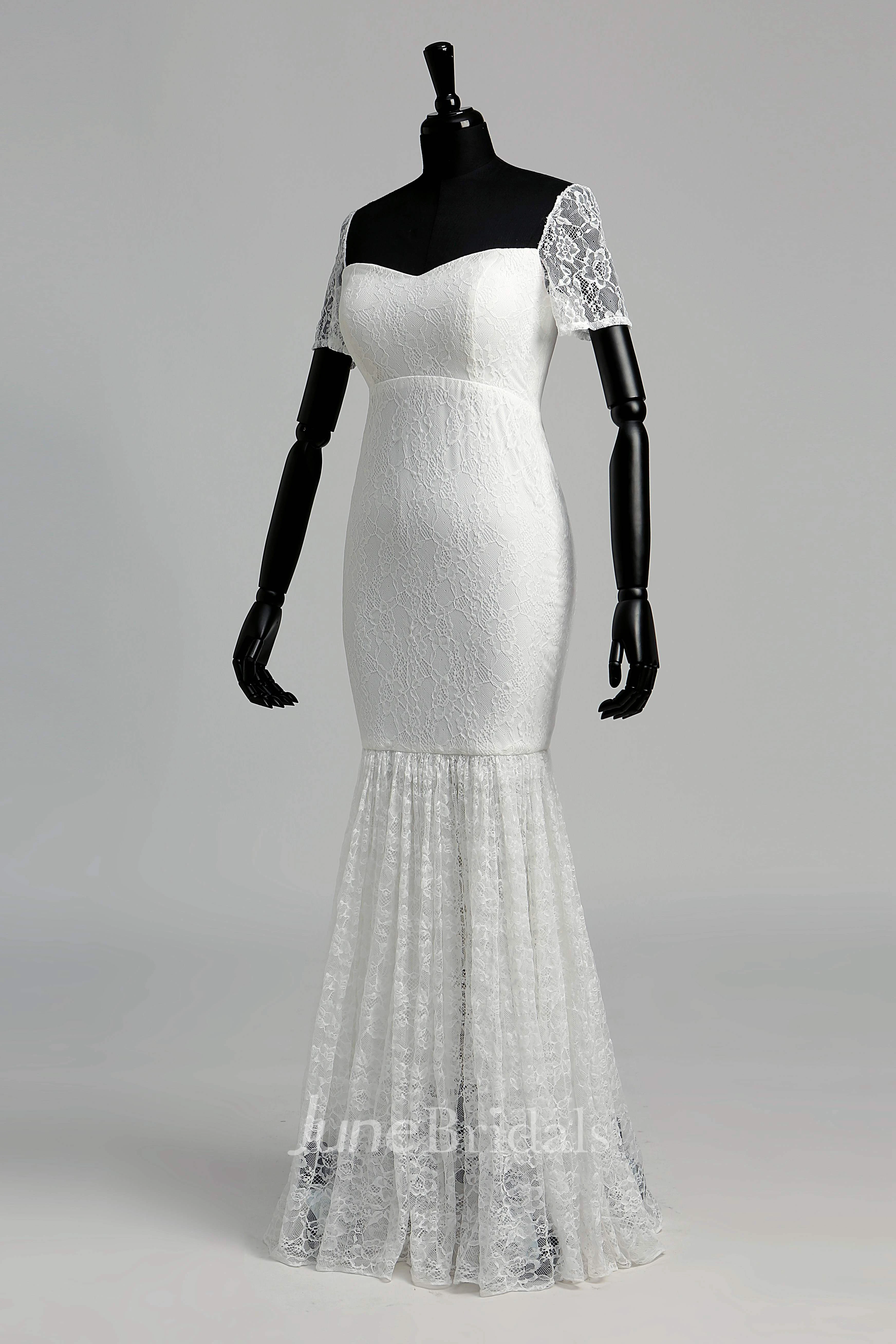 Floor-length Mermaid Off-the-shoulder Illusion Short Sleeve Zipper Lace Weeding Dress