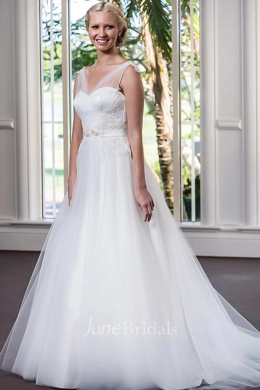 A-Line Tulle Satin Beaded Lace Wedding Dress