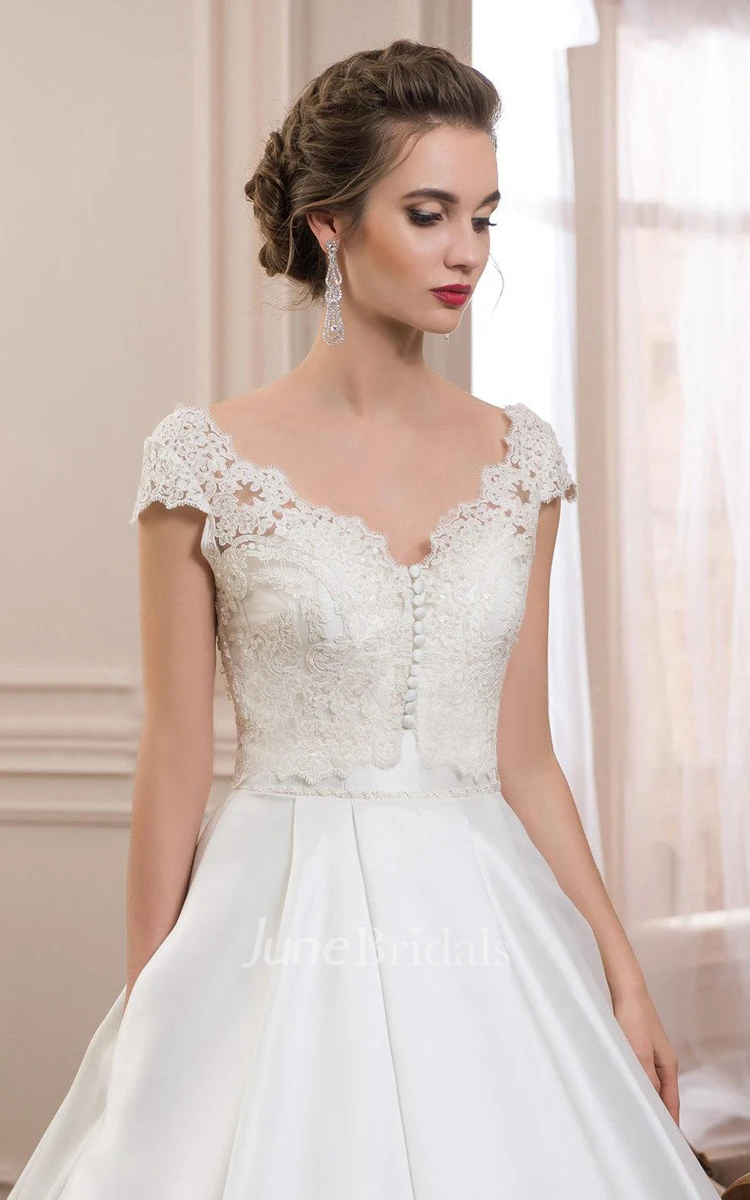 V-Neck Cap-Sleeve Satin A-Line Dress With Low-V Back Back