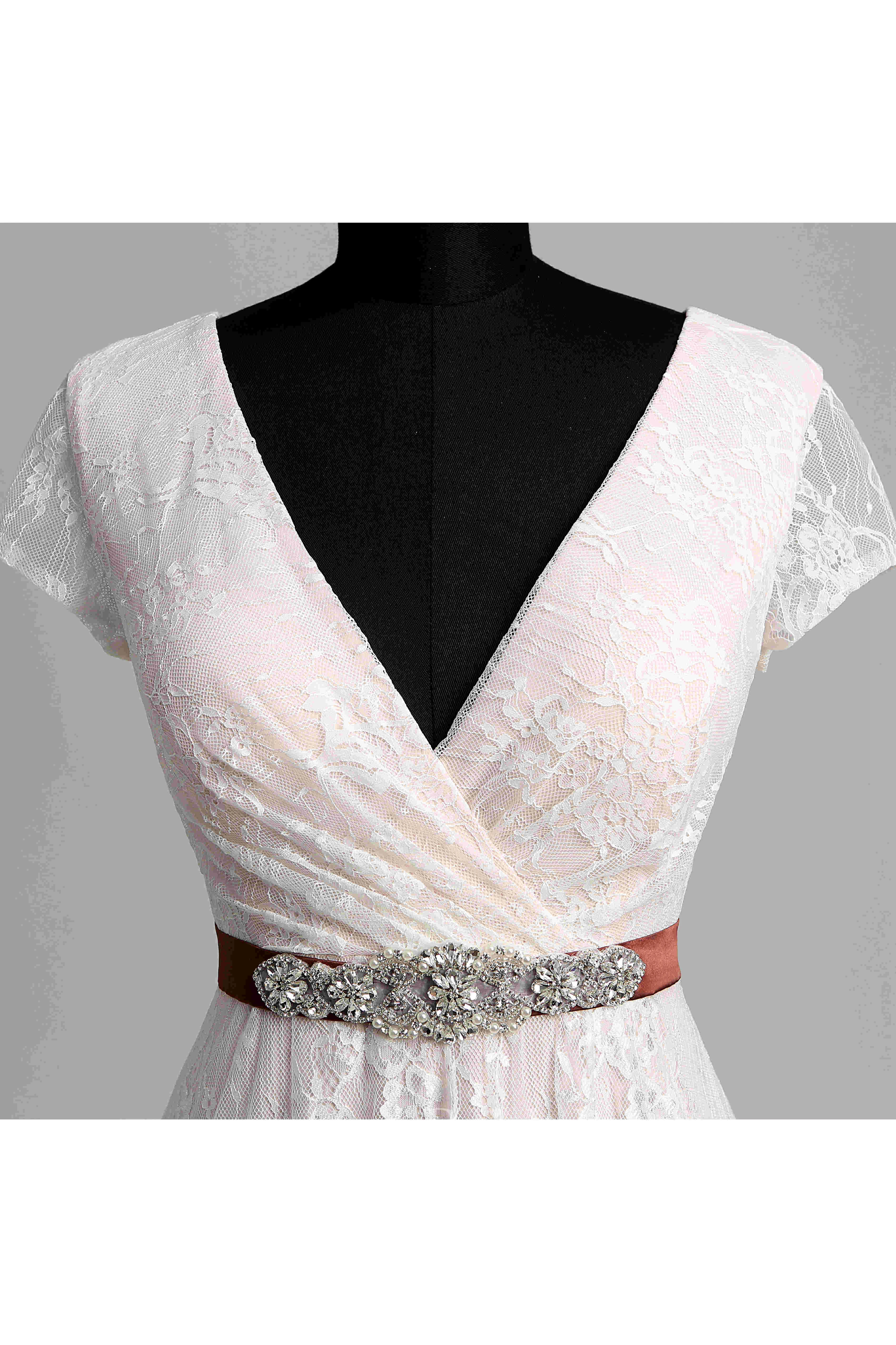 Short Sleeve V-neck Pleated Long Lace Warm Wedding Dress