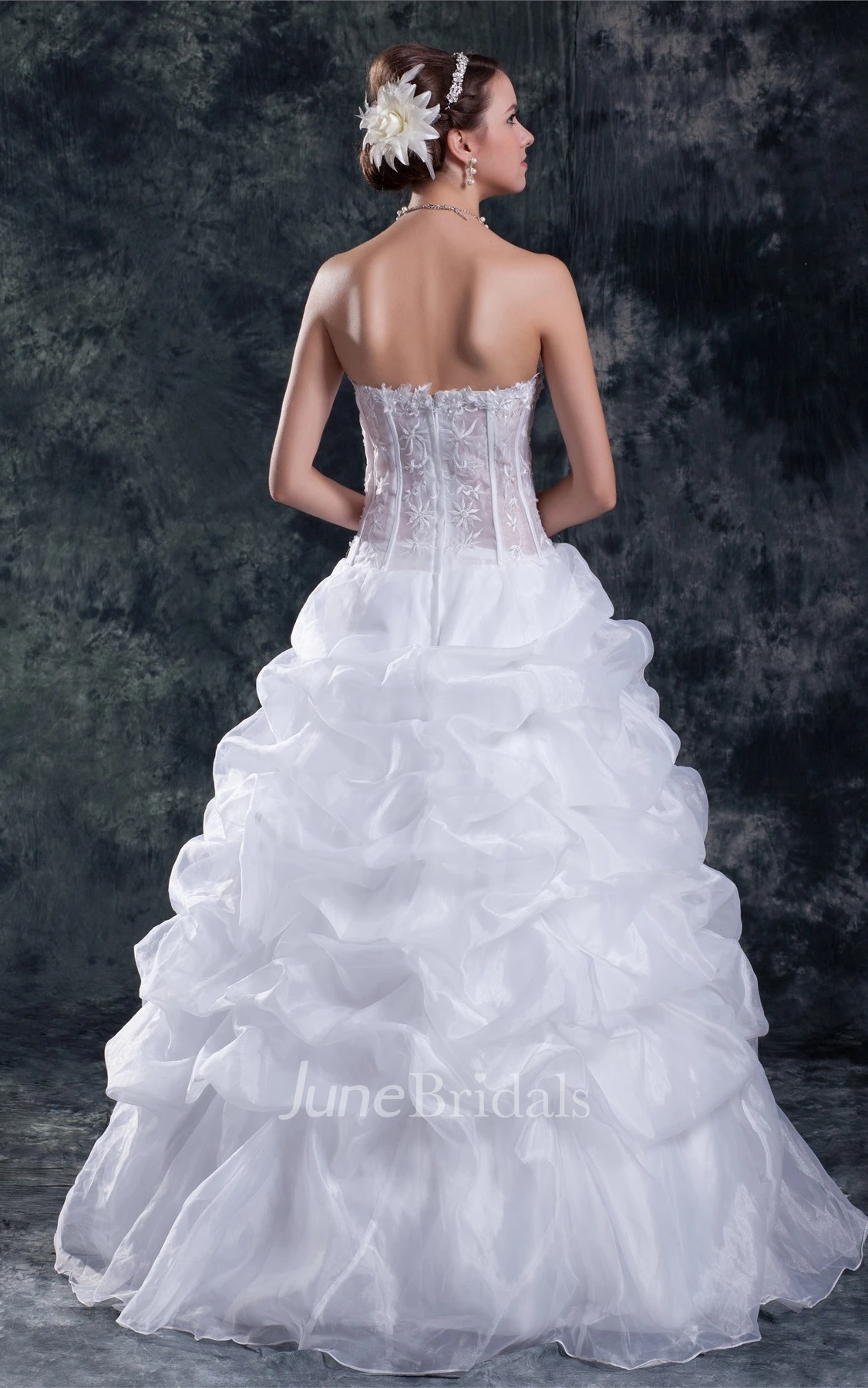plunged ruffled ball strapless gown with embroideries