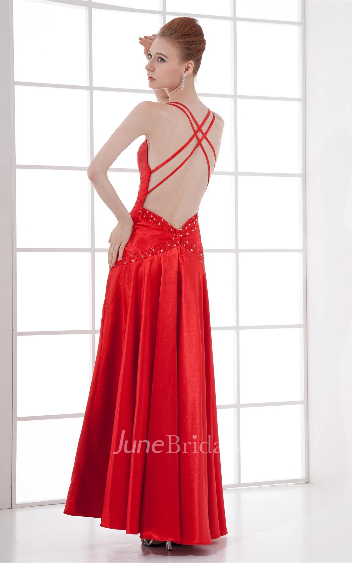 spaghetti-strap satin ankle-length dress with pleats and beading