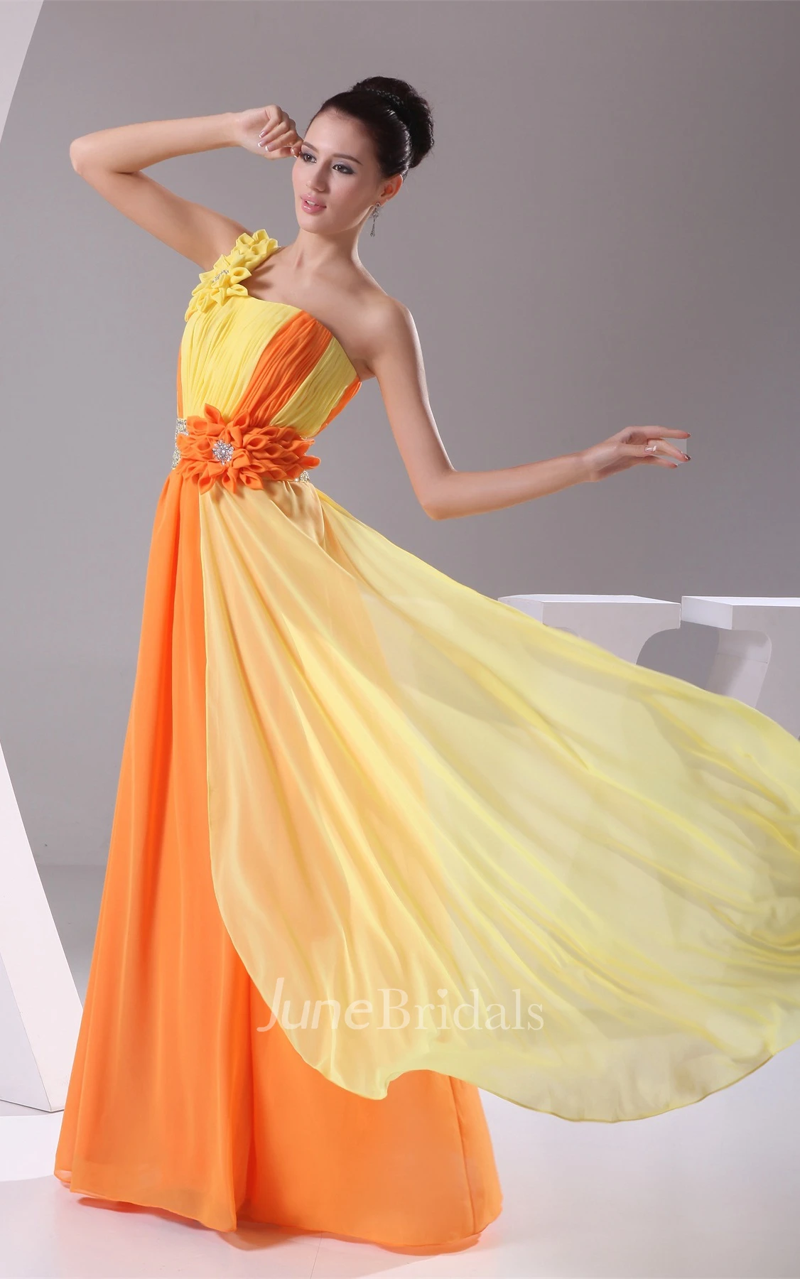 Two-Tone One-Shoulder Pleated Maxi Dress with Floral Waist