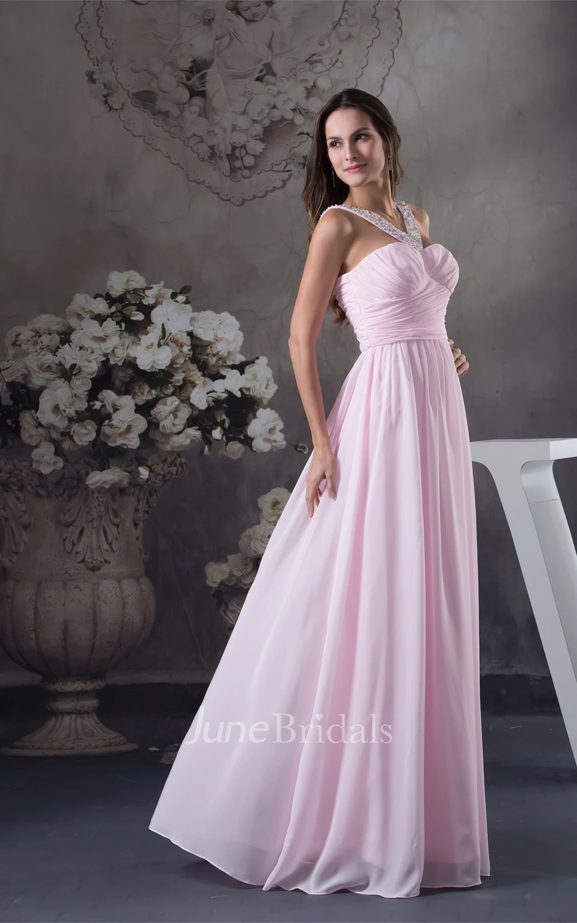 Pastel Criss-Cross Chiffon Long Dress with Pleats and Beading