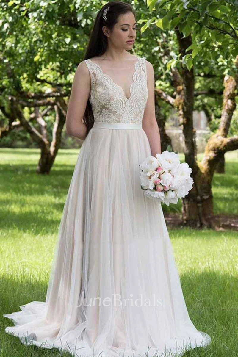 Illusion V-Neck A-Line Tulle Wedding Dress With Tulle Skirt.