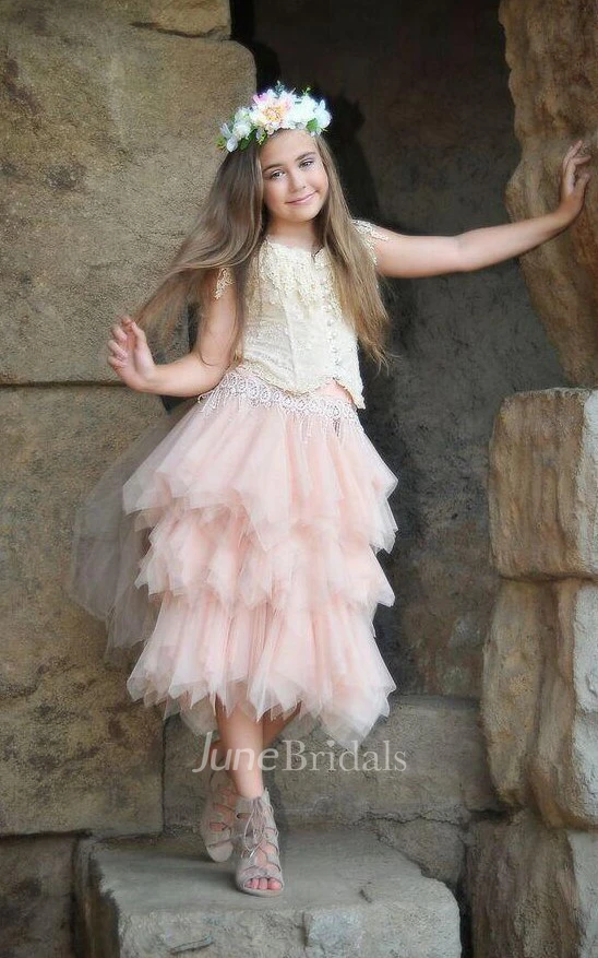 Bohemian Lace Cap Sleeve Tulle Dress With Flower&Corset Back