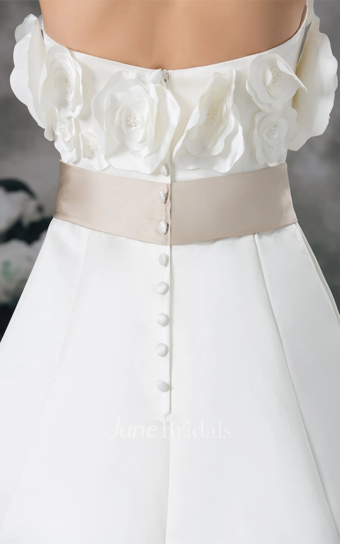 strapless a-line satin dress with floral embellishment