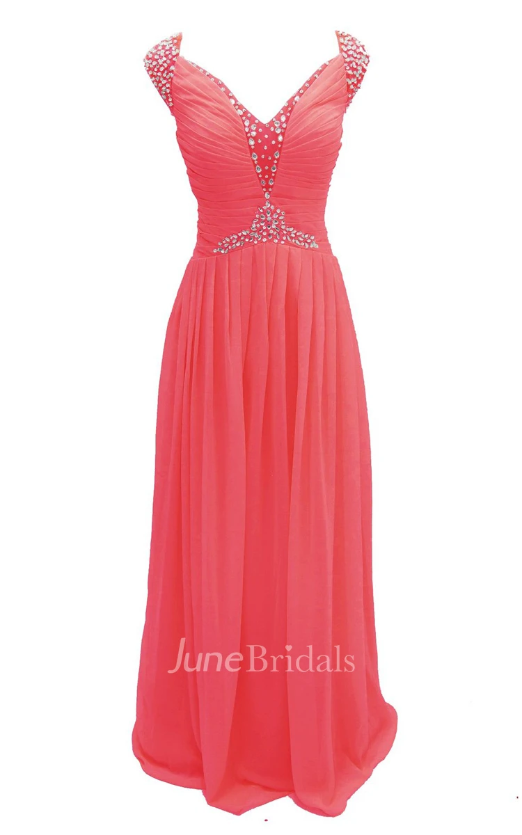Cap-sleeve V-neck Chiffon A-line Gown With Crystal Detail
