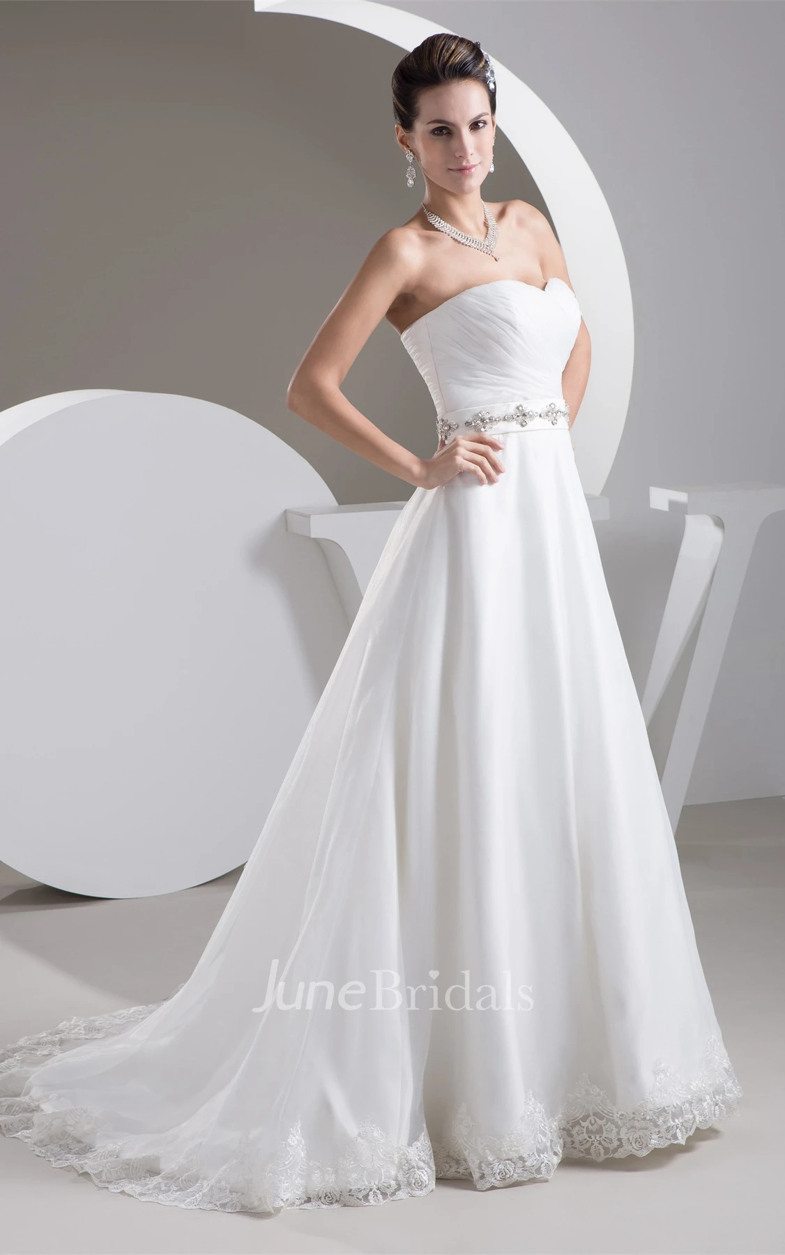 Sweetheart Criss-Cross A-Line Gown with Appliques and Gemmed Waist