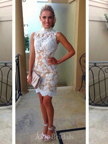 Sheath Column High Neck Sleeveless Short Mini Lace Dresses