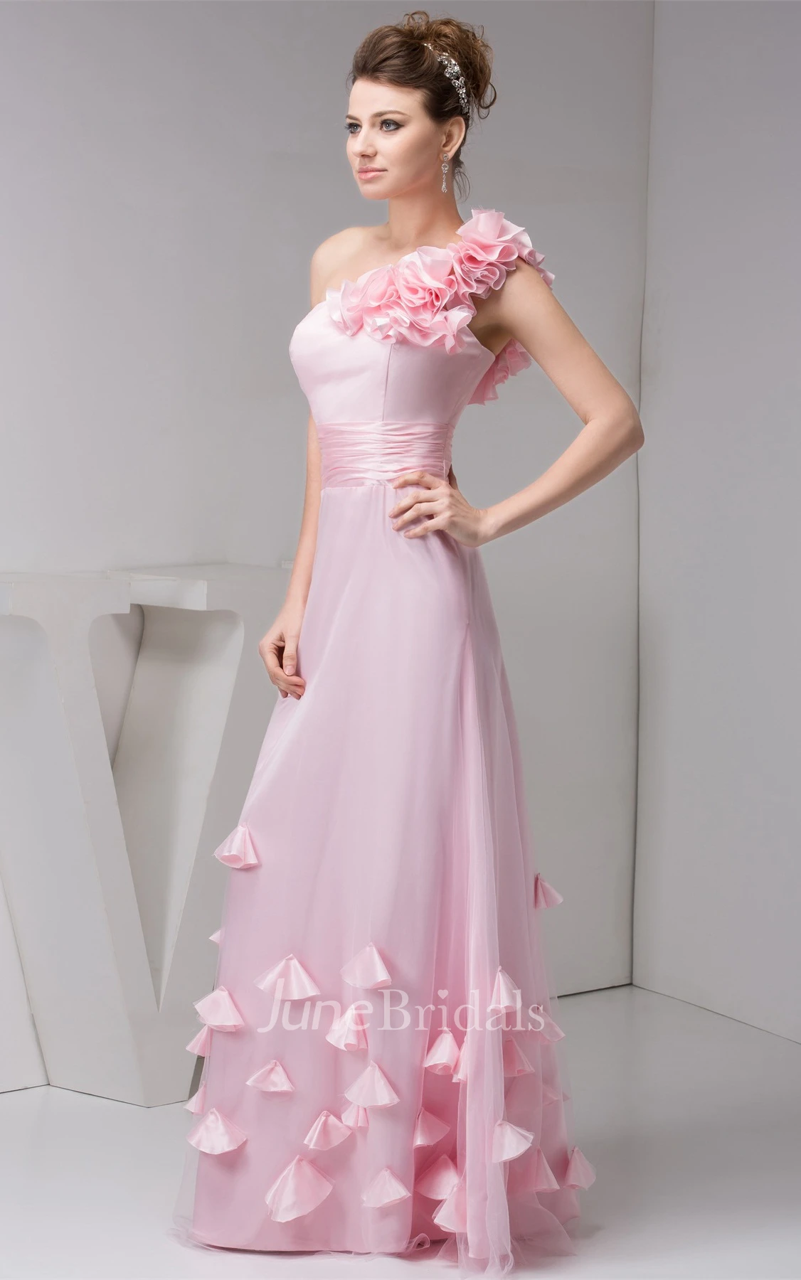 One-Shoulder A-Line Maxi Dress with Ruching and Flower