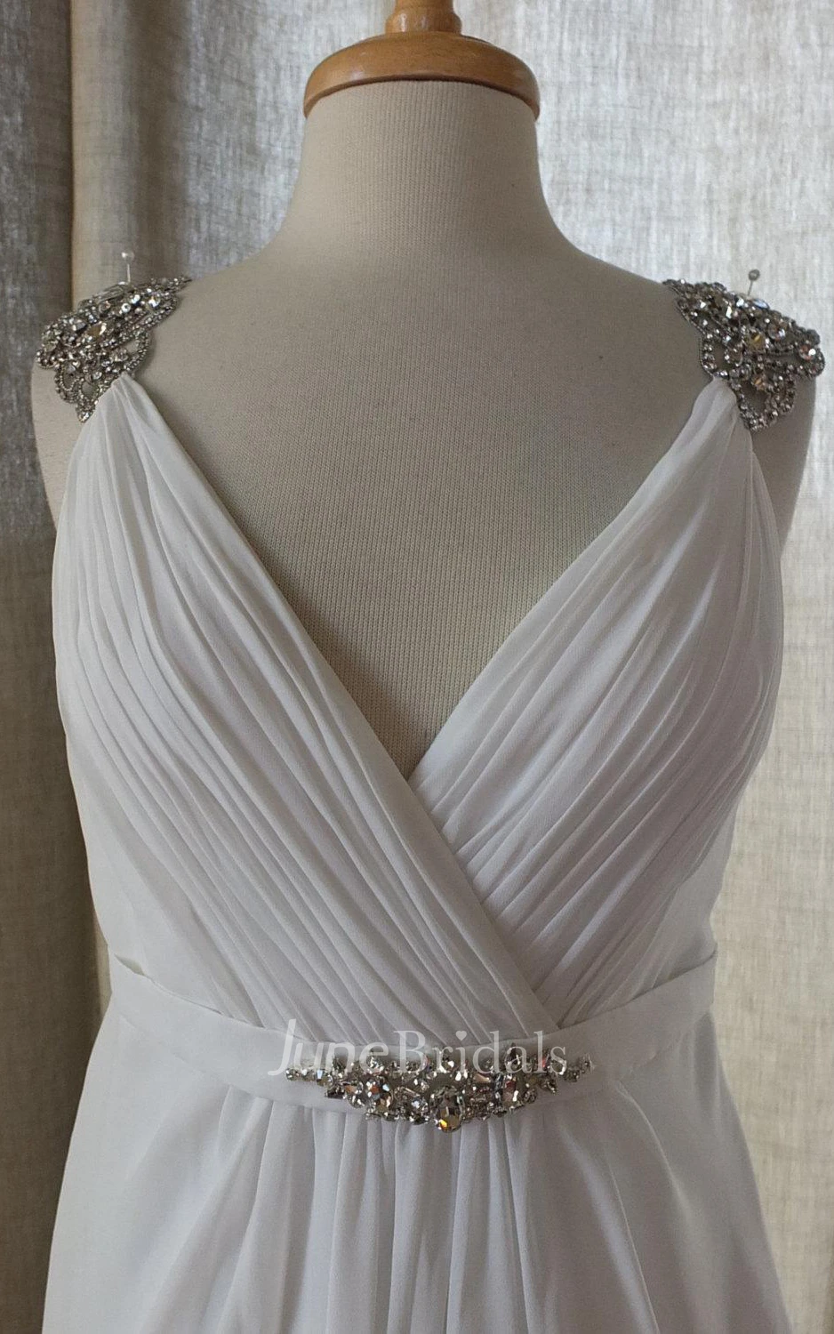 V-Neck Low-V Back Chiffon Wedding Dress With Crystal Detailing And Ruching