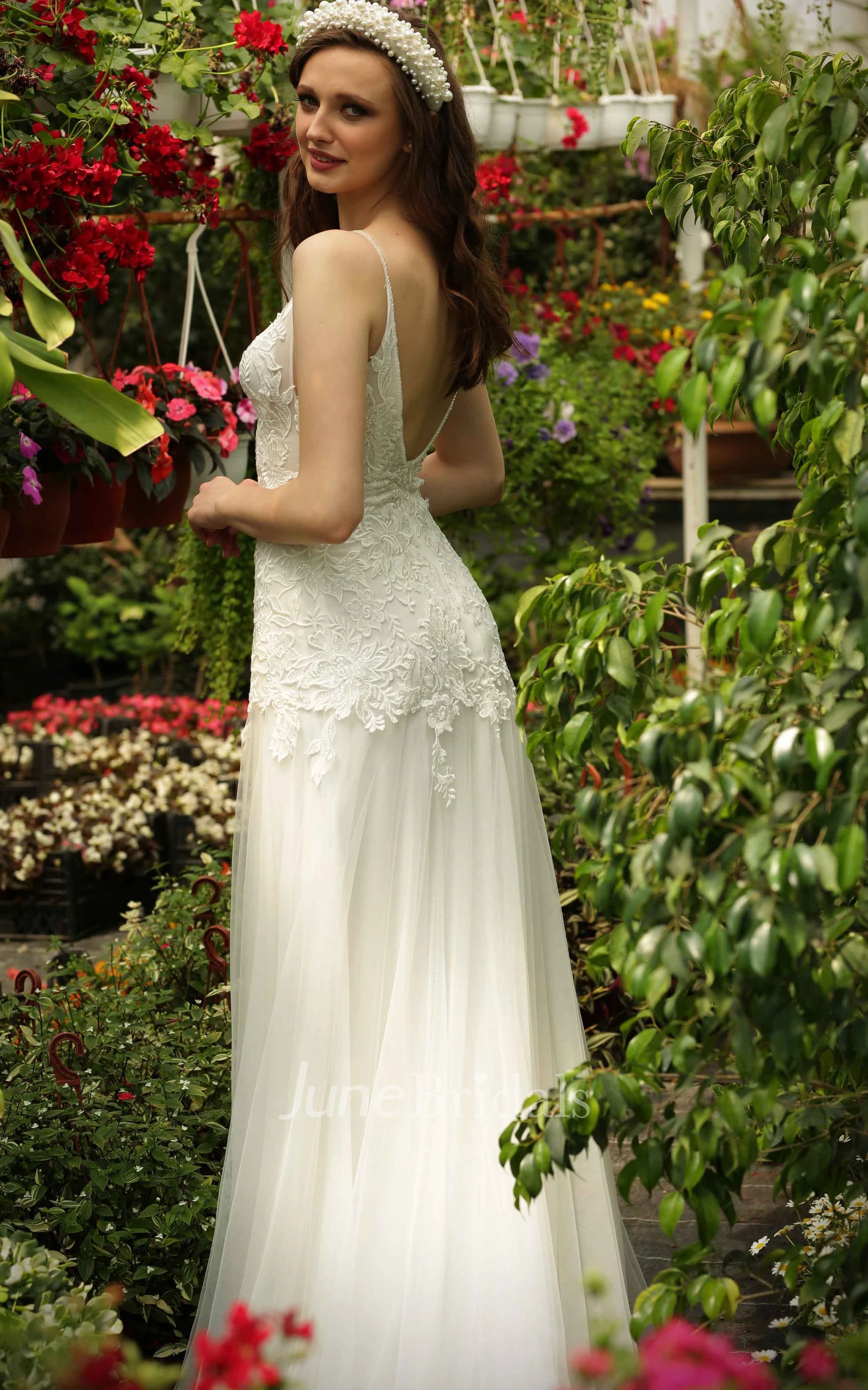 Bohemian Tulle Sleeveless Brush Train A Line Spaghetti Wedding Dress with Appliques