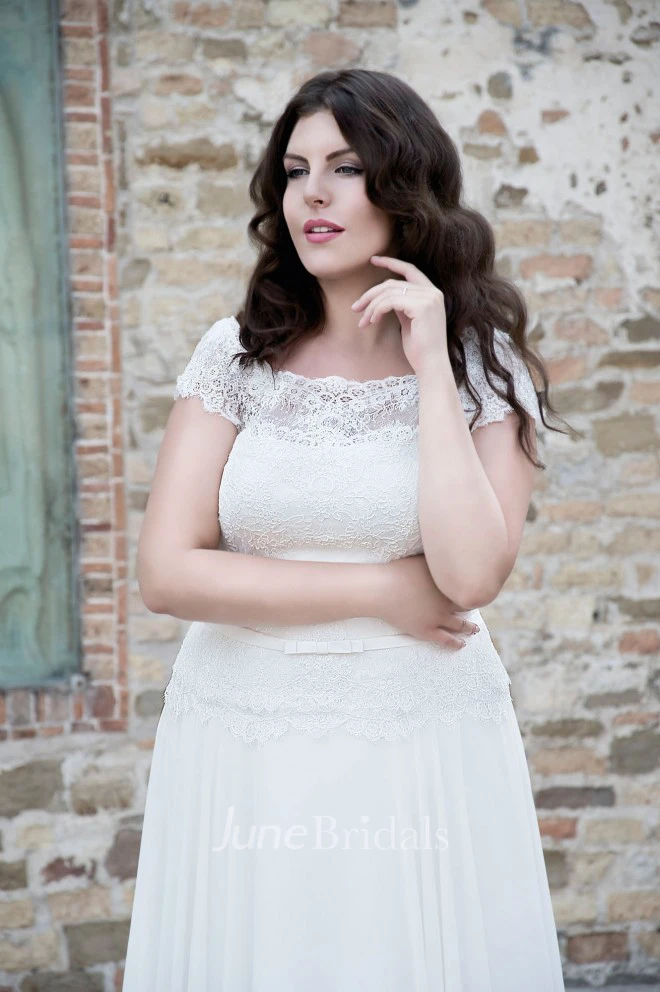 A-Line Long Scoop Neck Short Sleeve Cap Chiffon  Dress