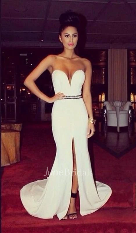 Sexy Sweetheart White Mermaid Prom Dress Sleeveless With Front Split