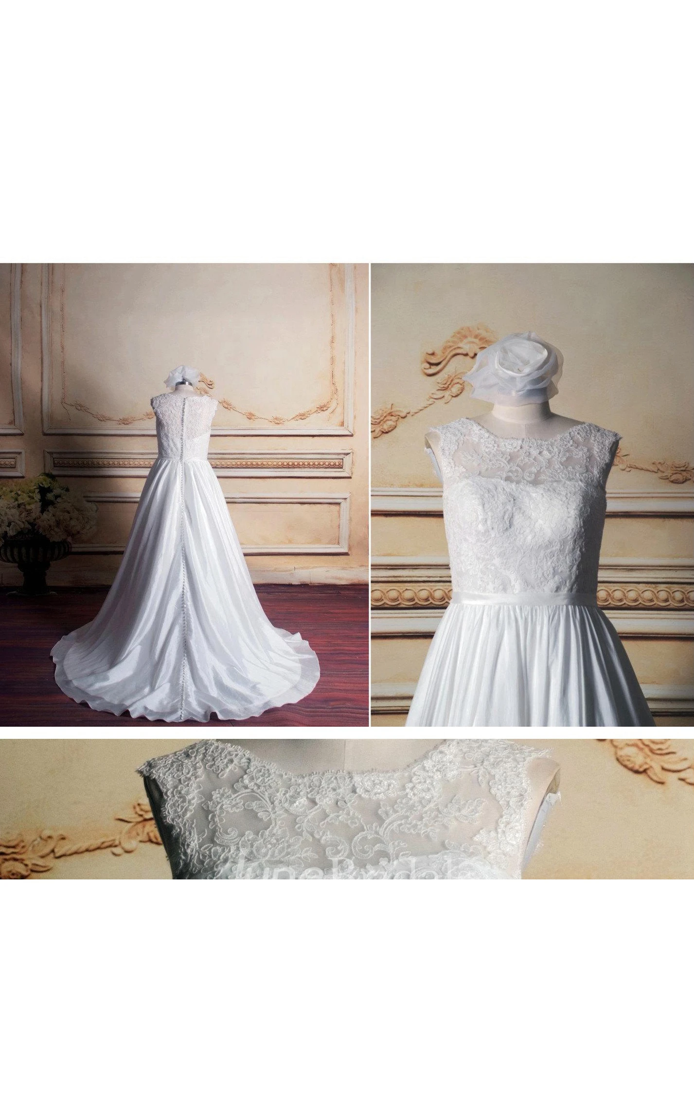 A-Line Cap Sleeve Chapel Train Lace Taffeta Dress With Appliques Button Zipper