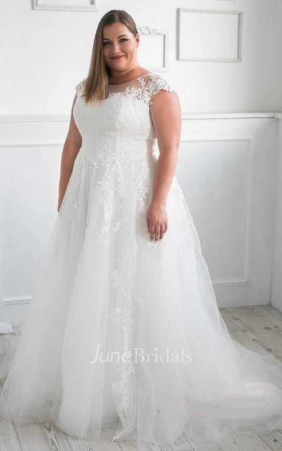 Plus Size A Line Tulle Bateau Neck Wedding Dress with Appliques